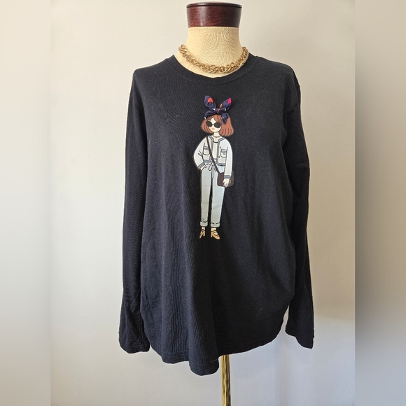 MIMI long Sleeve Black Shirt with A Graphic  Design And Bow. Size Medium - Picture 2 of 14